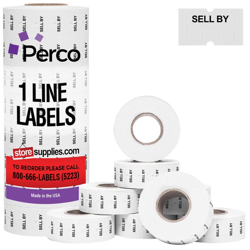 Perco 1 Line Sell by Labels - 8 Rolls, 1 Sleeve, 8,000 Blank Date Gun Labels for Perco Lite, X, Plus and Pro 1 Line Date Guns - Made in USA - Image 1